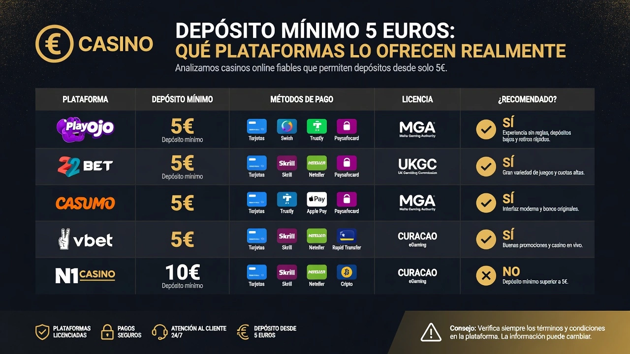 Casino depósito mínimo 5 euros: qué plataformas lo ofrecen realmente